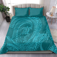 Hawaiian Turtle and Shark Bedding Set Kakau Tribal with Polynesian Pattern Turquoise Color