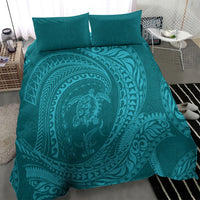 Hawaiian Turtle and Shark Bedding Set Kakau Tribal with Polynesian Pattern Turquoise Color