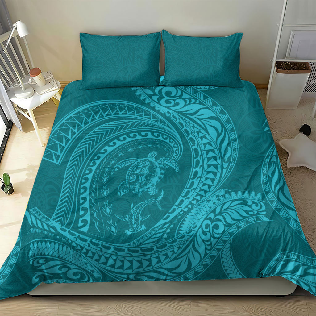 Hawaiian Turtle and Shark Bedding Set Kakau Tribal with Polynesian Pattern Turquoise Color