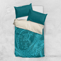 Hawaiian Turtle and Shark Bedding Set Kakau Tribal with Polynesian Pattern Turquoise Color