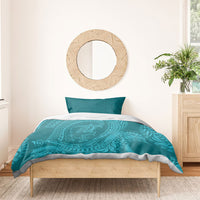 Hawaiian Turtle and Shark Bedding Set Kakau Tribal with Polynesian Pattern Turquoise Color