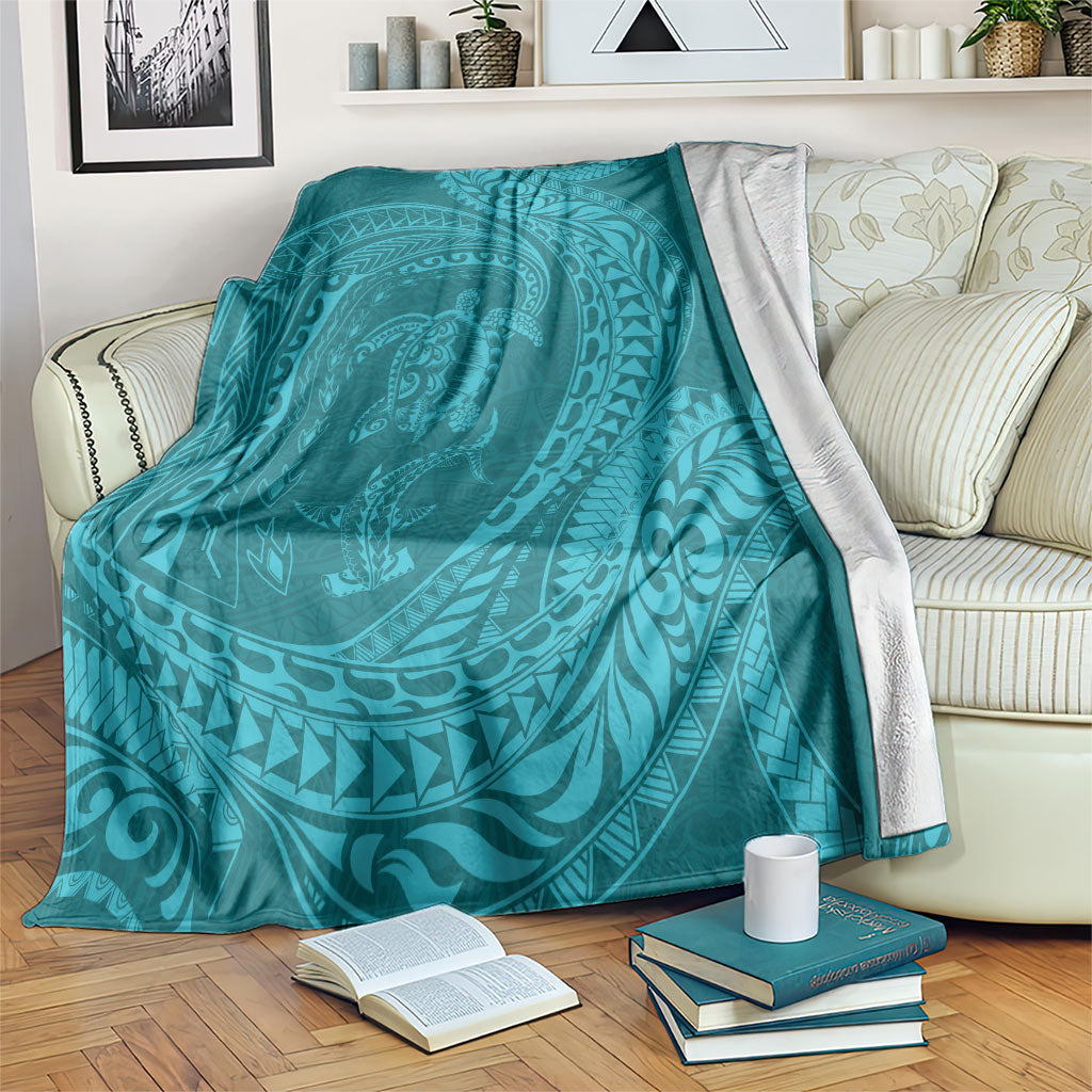 Hawaiian Turtle and Shark Blanket Kakau Tribal with Polynesian Pattern Turquoise Color