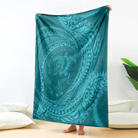 Hawaiian Turtle and Shark Blanket Kakau Tribal with Polynesian Pattern Turquoise Color