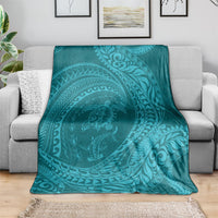 Hawaiian Turtle and Shark Blanket Kakau Tribal with Polynesian Pattern Turquoise Color