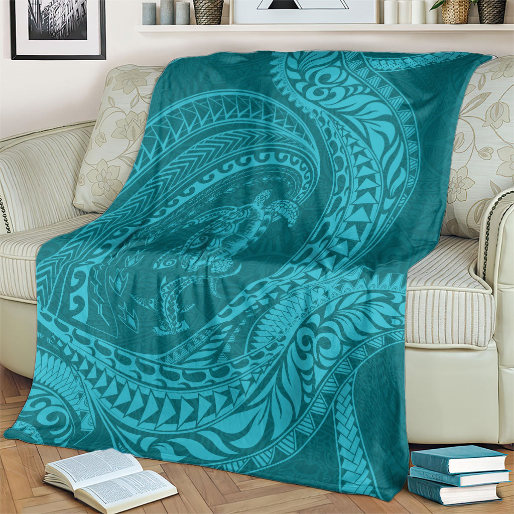 Hawaiian Turtle and Shark Blanket Kakau Tribal with Polynesian Pattern Turquoise Color