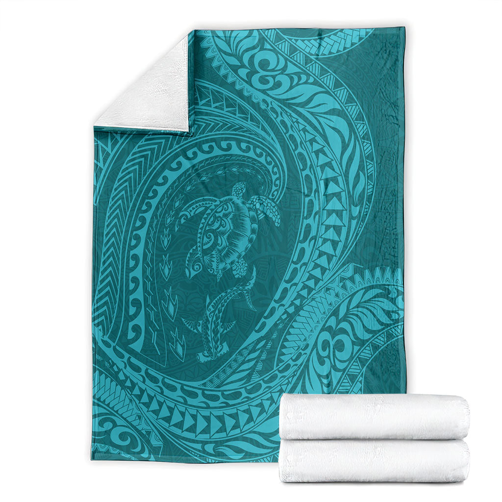 Hawaiian Turtle and Shark Blanket Kakau Tribal with Polynesian Pattern Turquoise Color