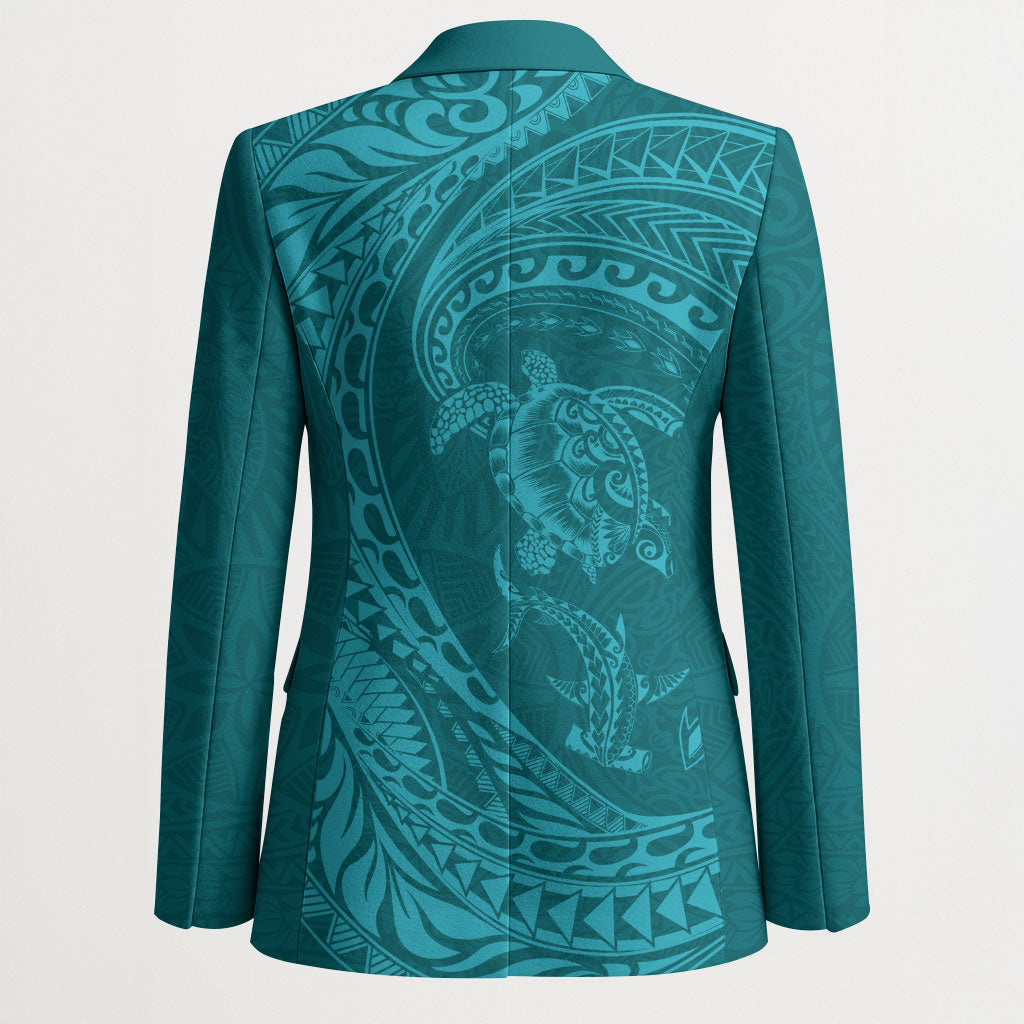 Hawaiian Turtle and Shark Blazer Kakau Tribal with Polynesian Pattern Turquoise Color