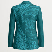 Hawaiian Turtle and Shark Blazer Kakau Tribal with Polynesian Pattern Turquoise Color