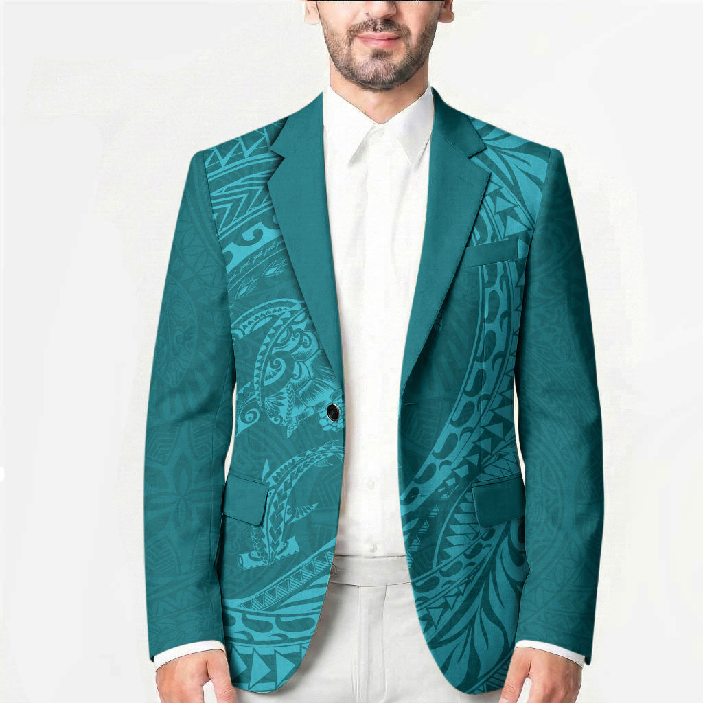 Hawaiian Turtle and Shark Blazer Kakau Tribal with Polynesian Pattern Turquoise Color