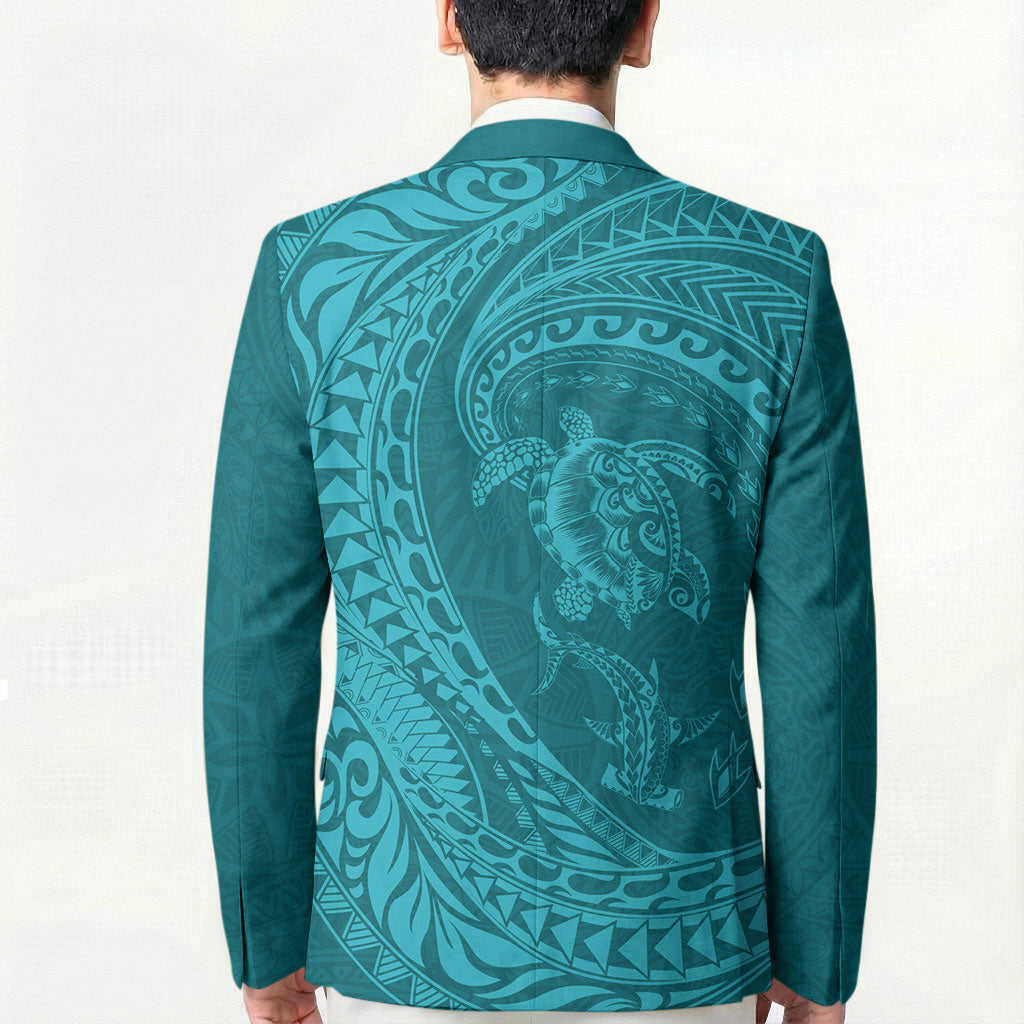 Hawaiian Turtle and Shark Blazer Kakau Tribal with Polynesian Pattern Turquoise Color