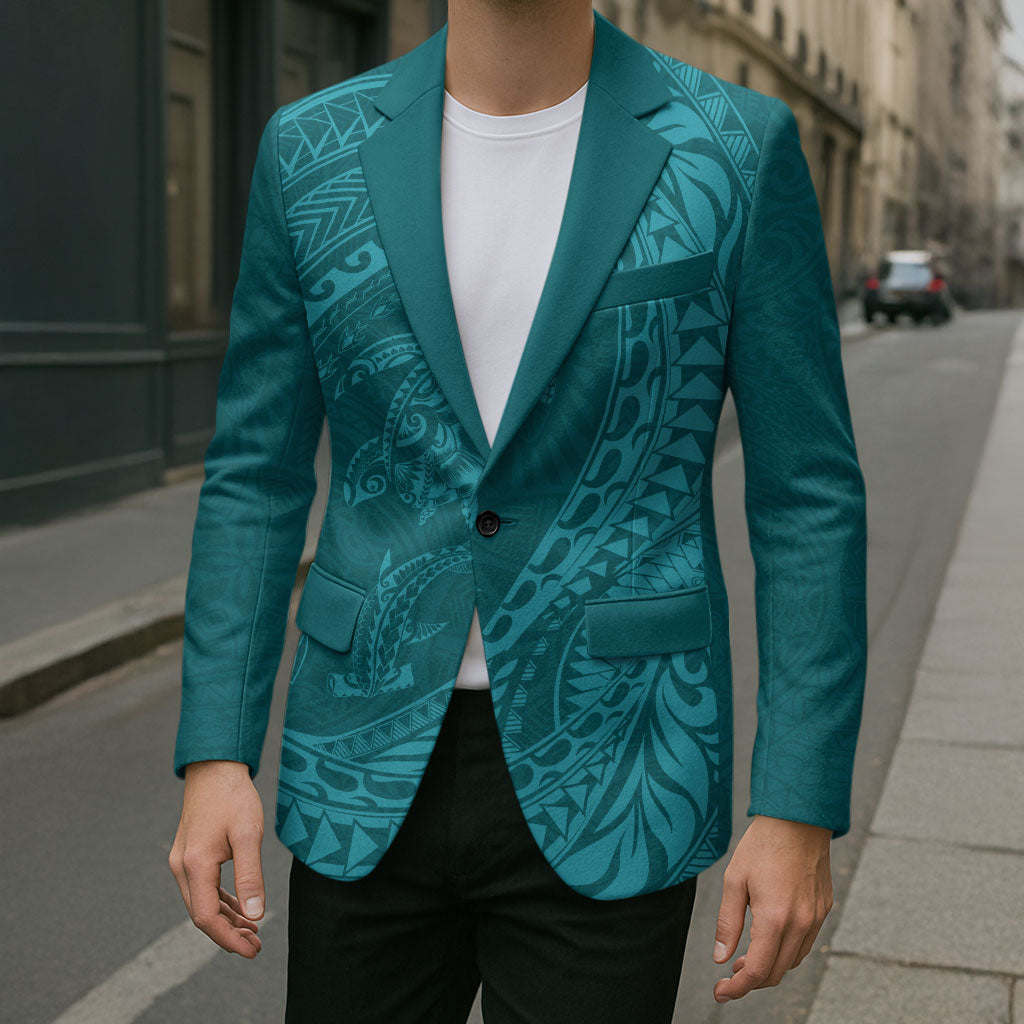 Hawaiian Turtle and Shark Blazer Kakau Tribal with Polynesian Pattern Turquoise Color