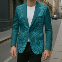 Hawaiian Turtle and Shark Blazer Kakau Tribal with Polynesian Pattern Turquoise Color