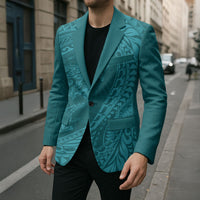 Hawaiian Turtle and Shark Blazer Kakau Tribal with Polynesian Pattern Turquoise Color