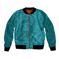 Hawaiian Turtle and Shark Bomber Jacket Kakau Tribal with Polynesian Pattern Turquoise Color