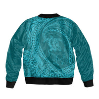 Hawaiian Turtle and Shark Bomber Jacket Kakau Tribal with Polynesian Pattern Turquoise Color