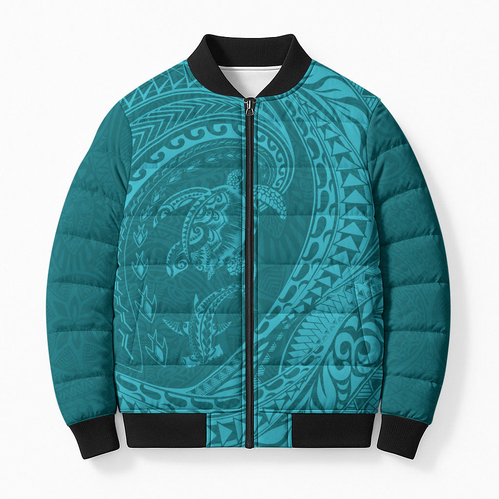 Hawaiian Turtle and Shark Bomber Puffer Jacket Kakau Tribal with Polynesian Pattern Turquoise Color