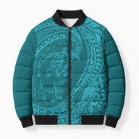 Hawaiian Turtle and Shark Bomber Puffer Jacket Kakau Tribal with Polynesian Pattern Turquoise Color