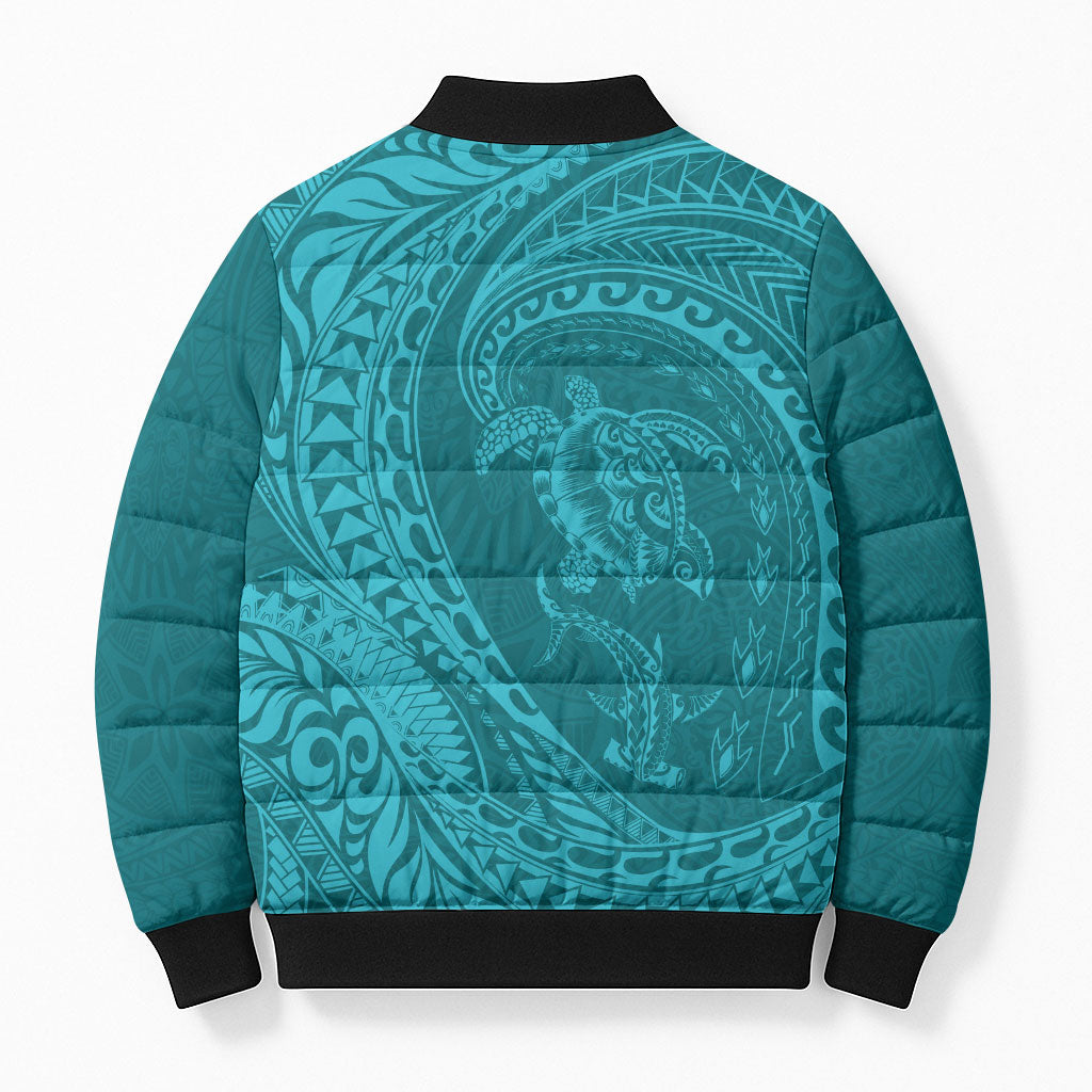 Hawaiian Turtle and Shark Bomber Puffer Jacket Kakau Tribal with Polynesian Pattern Turquoise Color