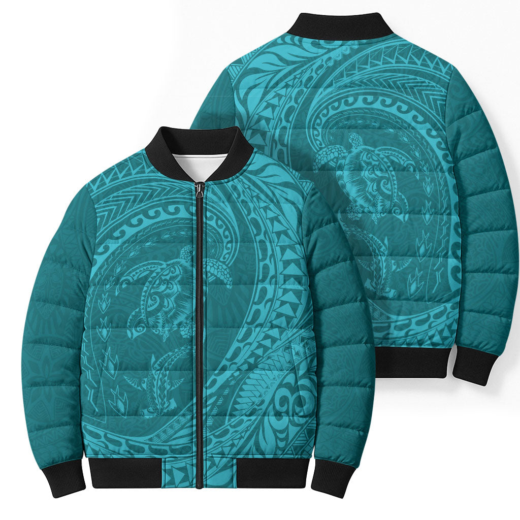 Hawaiian Turtle and Shark Bomber Puffer Jacket Kakau Tribal with Polynesian Pattern Turquoise Color