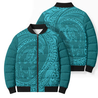 Hawaiian Turtle and Shark Bomber Puffer Jacket Kakau Tribal with Polynesian Pattern Turquoise Color