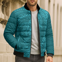 Hawaiian Turtle and Shark Bomber Puffer Jacket Kakau Tribal with Polynesian Pattern Turquoise Color