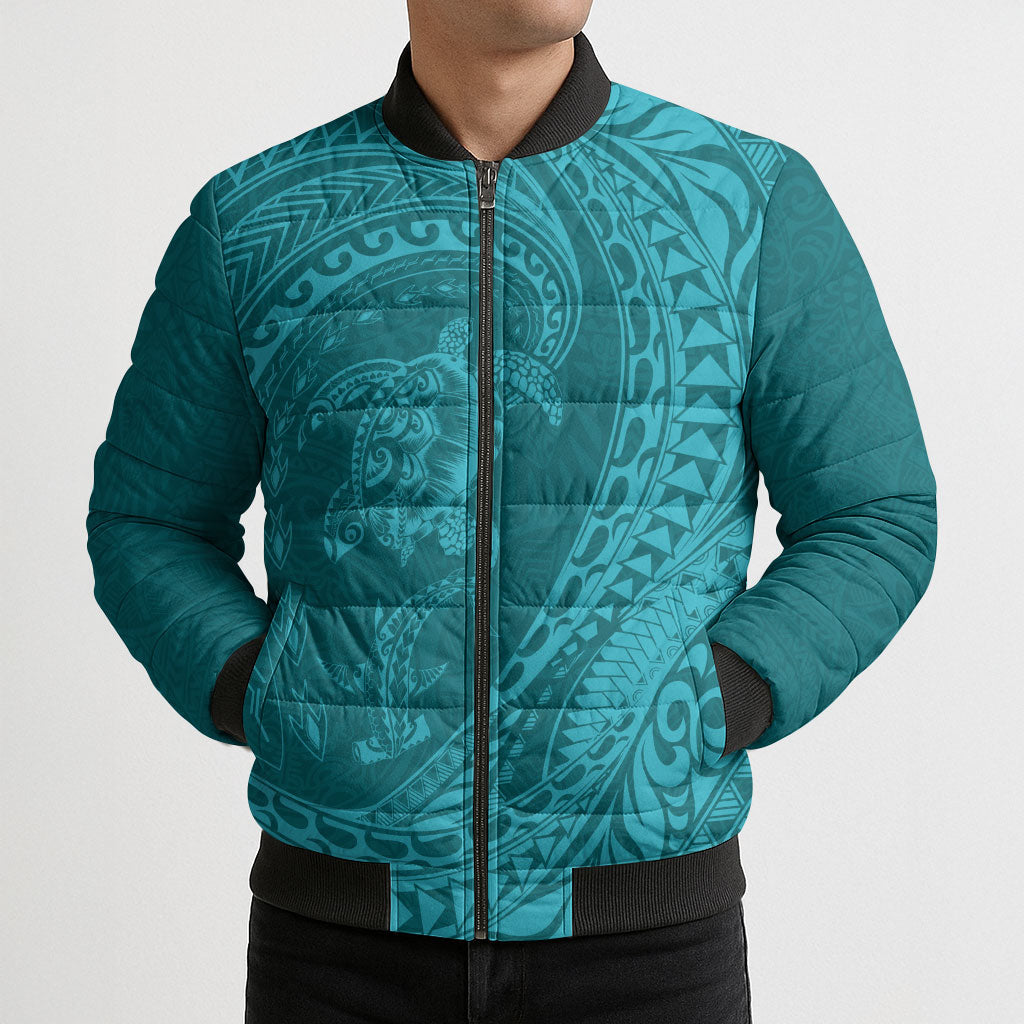 Hawaiian Turtle and Shark Bomber Puffer Jacket Kakau Tribal with Polynesian Pattern Turquoise Color