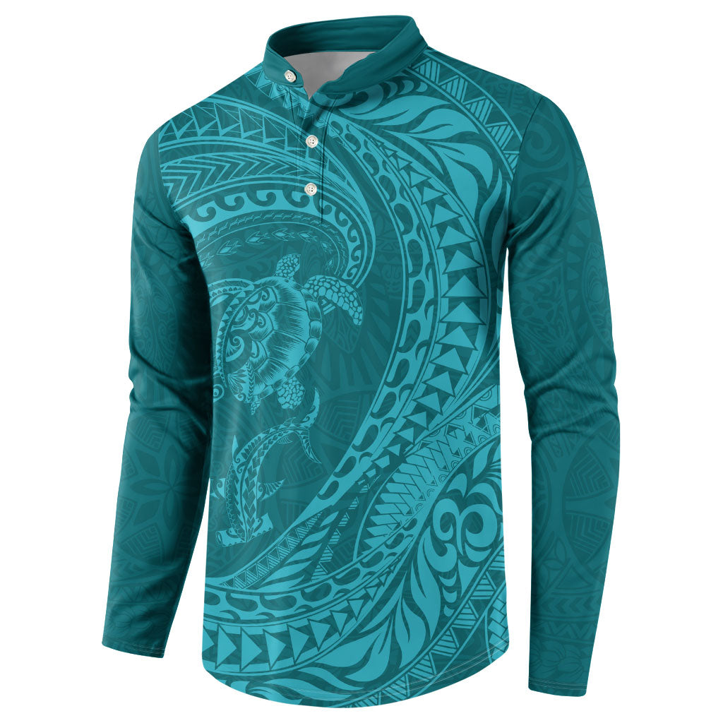 Hawaiian Turtle and Shark Button Sweatshirt Kakau Tribal with Polynesian Pattern Turquoise Color