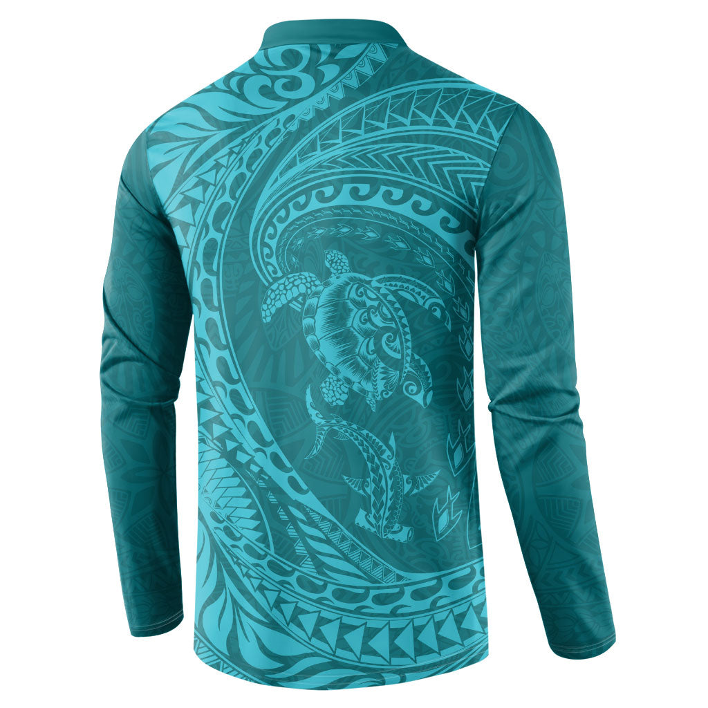 Hawaiian Turtle and Shark Button Sweatshirt Kakau Tribal with Polynesian Pattern Turquoise Color