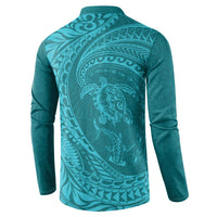 Hawaiian Turtle and Shark Button Sweatshirt Kakau Tribal with Polynesian Pattern Turquoise Color