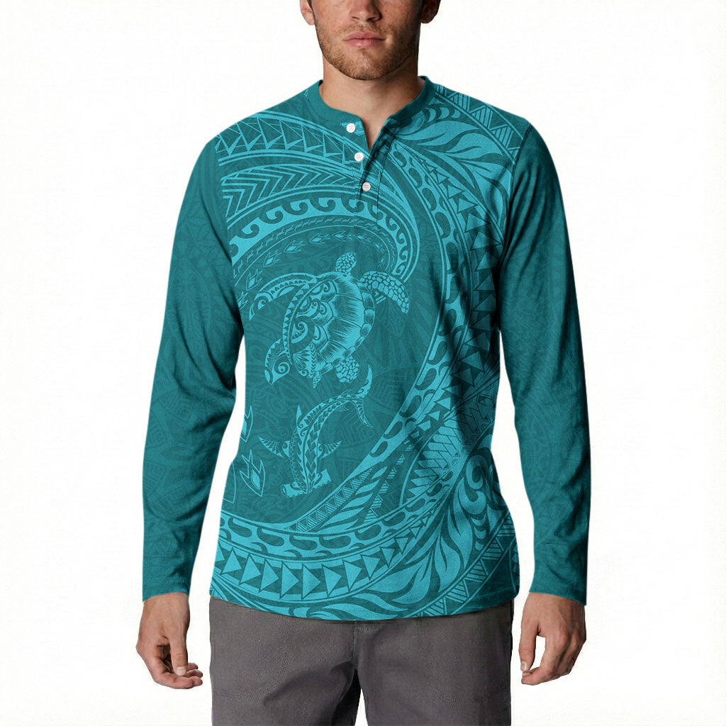 Hawaiian Turtle and Shark Button Sweatshirt Kakau Tribal with Polynesian Pattern Turquoise Color