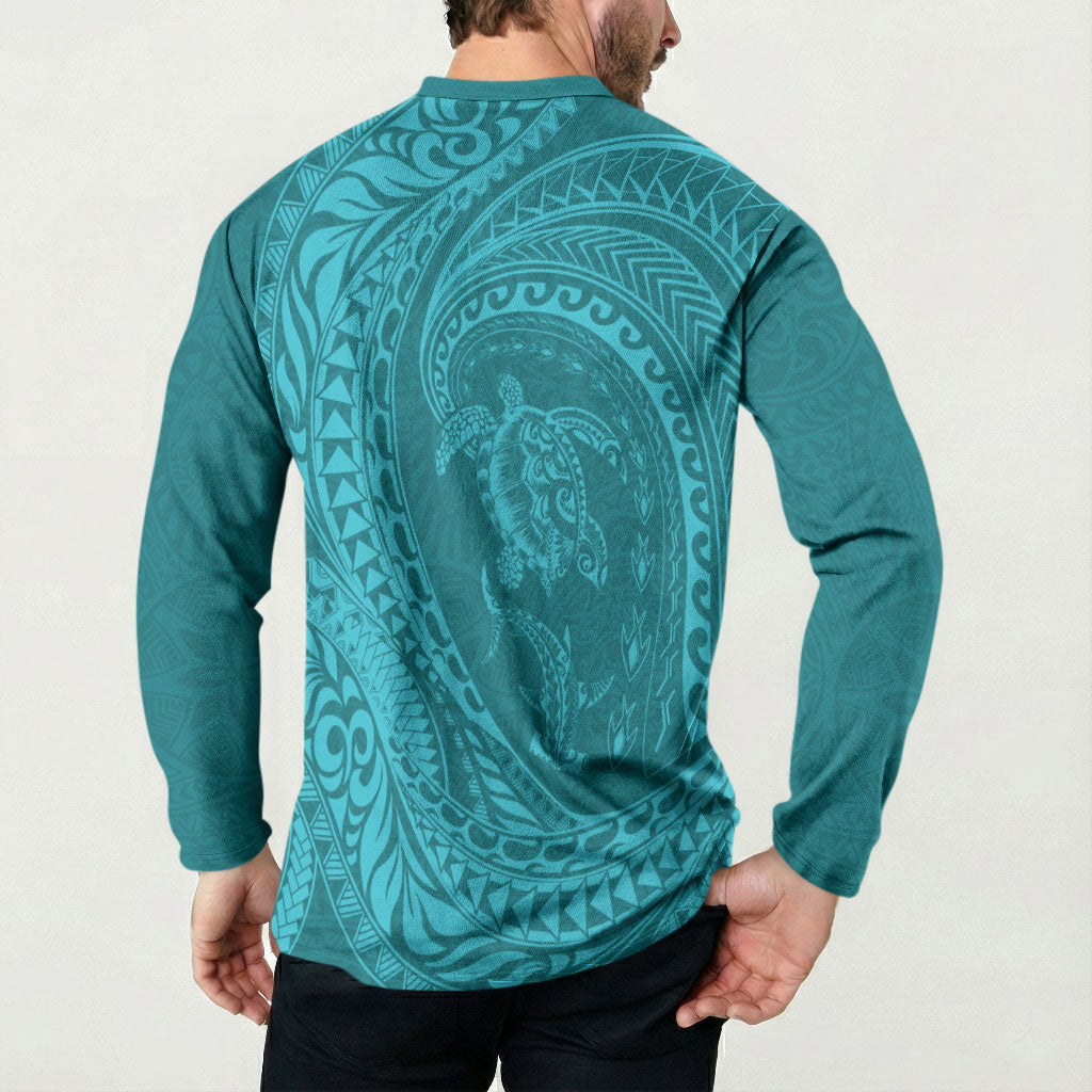 Hawaiian Turtle and Shark Button Sweatshirt Kakau Tribal with Polynesian Pattern Turquoise Color