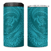 Hawaiian Turtle and Shark 4 in 1 Can Cooler Tumbler Kakau Tribal with Polynesian Pattern Turquoise Color