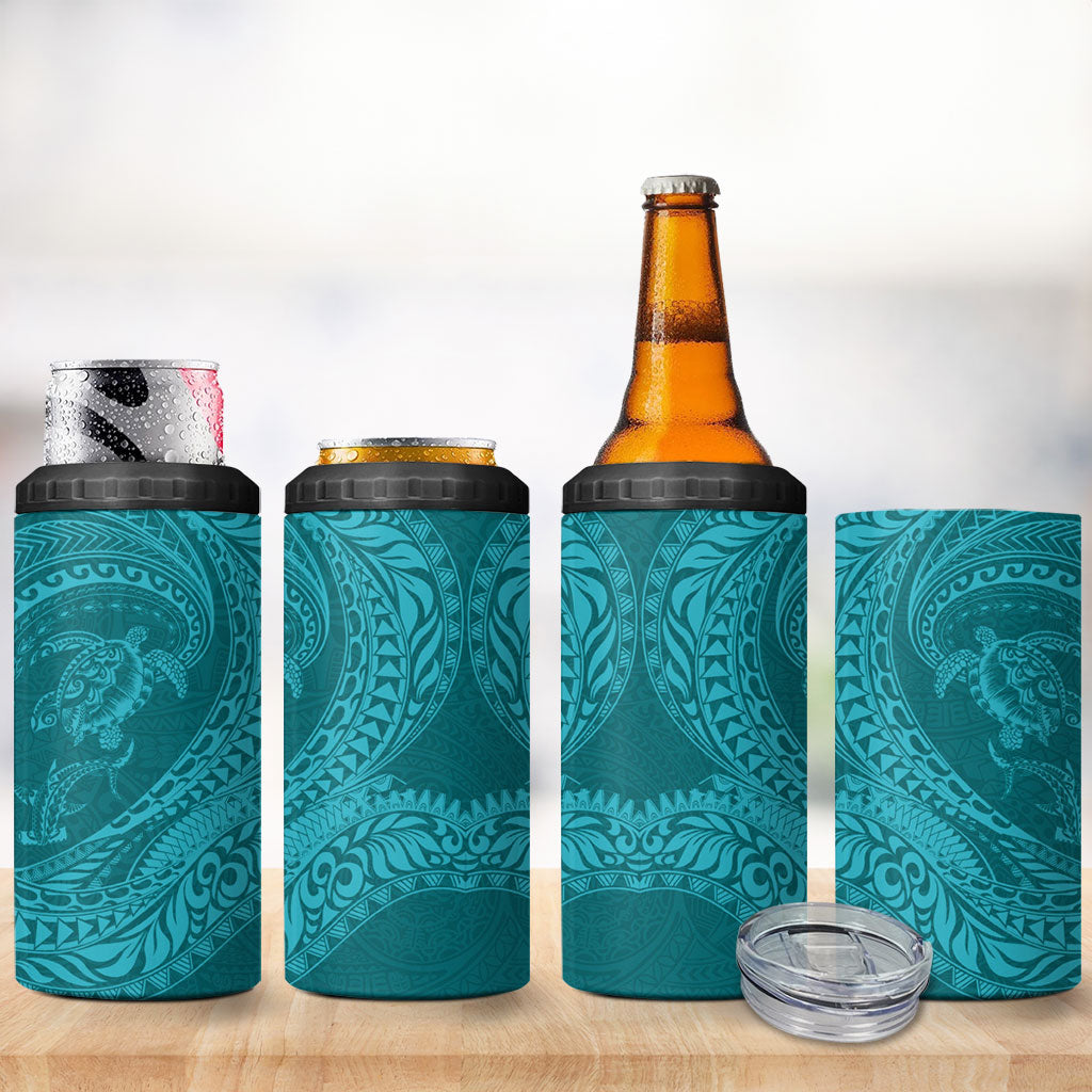 Hawaiian Turtle and Shark 4 in 1 Can Cooler Tumbler Kakau Tribal with Polynesian Pattern Turquoise Color