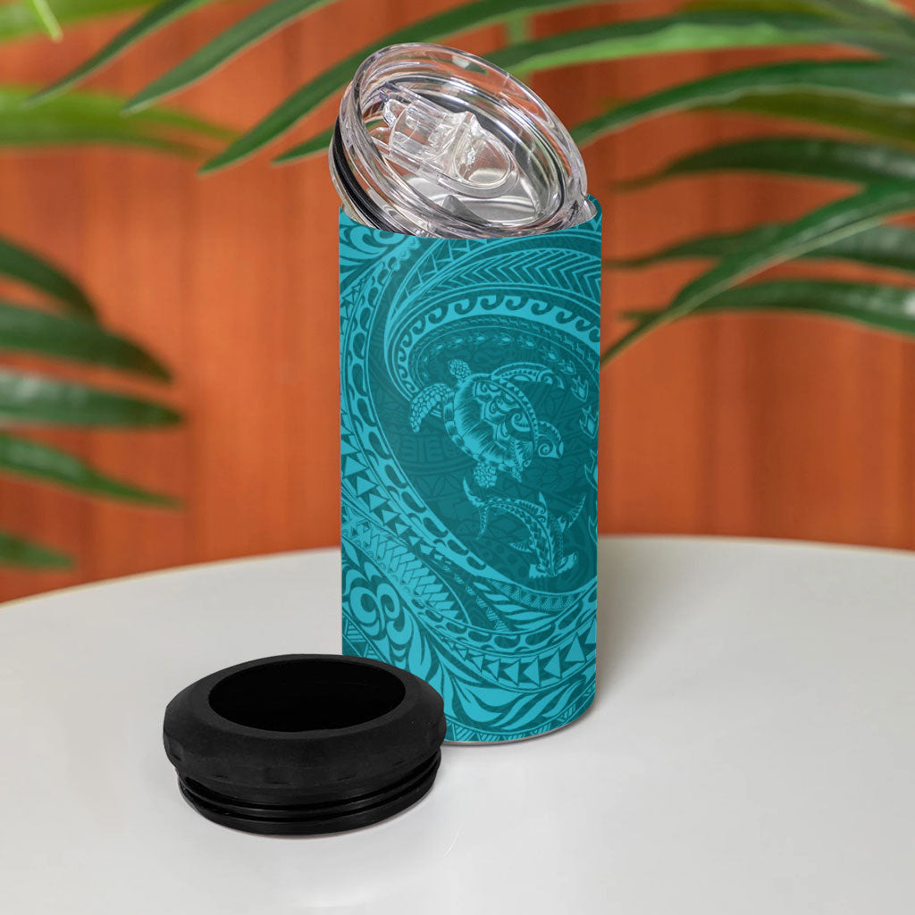 Hawaiian Turtle and Shark 4 in 1 Can Cooler Tumbler Kakau Tribal with Polynesian Pattern Turquoise Color