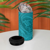 Hawaiian Turtle and Shark 4 in 1 Can Cooler Tumbler Kakau Tribal with Polynesian Pattern Turquoise Color