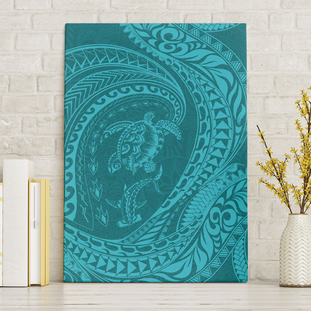 Hawaiian Turtle and Shark Canvas Wall Art Kakau Tribal with Polynesian Pattern Turquoise Color