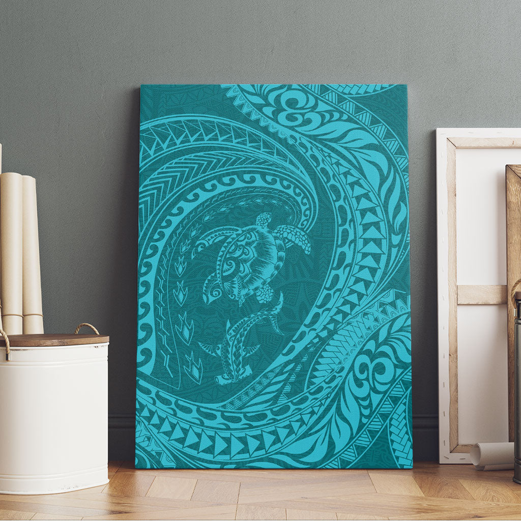 Hawaiian Turtle and Shark Canvas Wall Art Kakau Tribal with Polynesian Pattern Turquoise Color