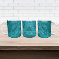 Hawaiian Turtle and Shark Ceramic Mug Kakau Tribal with Polynesian Pattern Turquoise Color