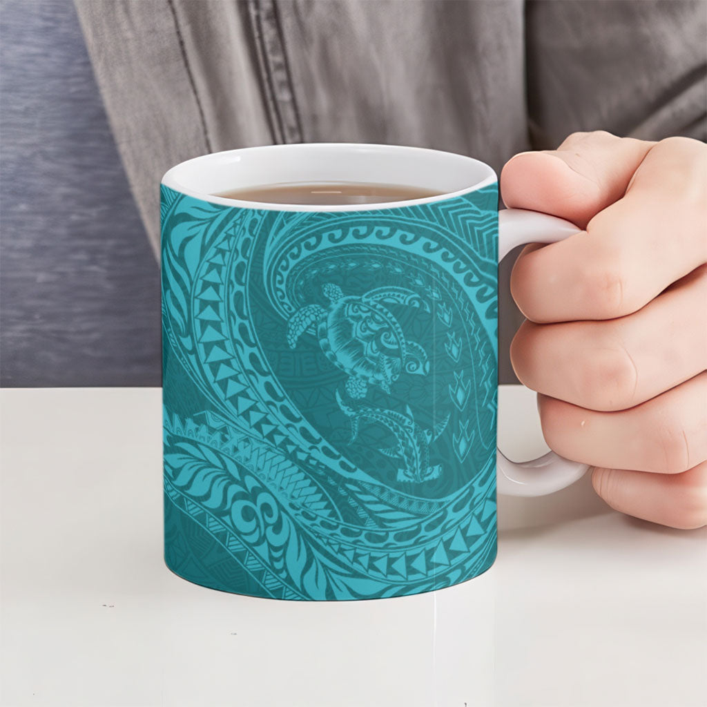 Hawaiian Turtle and Shark Ceramic Mug Kakau Tribal with Polynesian Pattern Turquoise Color