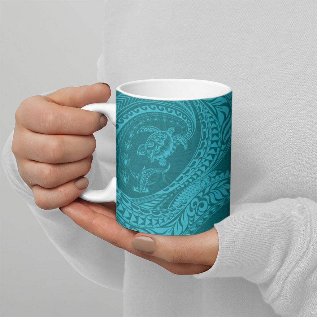Hawaiian Turtle and Shark Ceramic Mug Kakau Tribal with Polynesian Pattern Turquoise Color