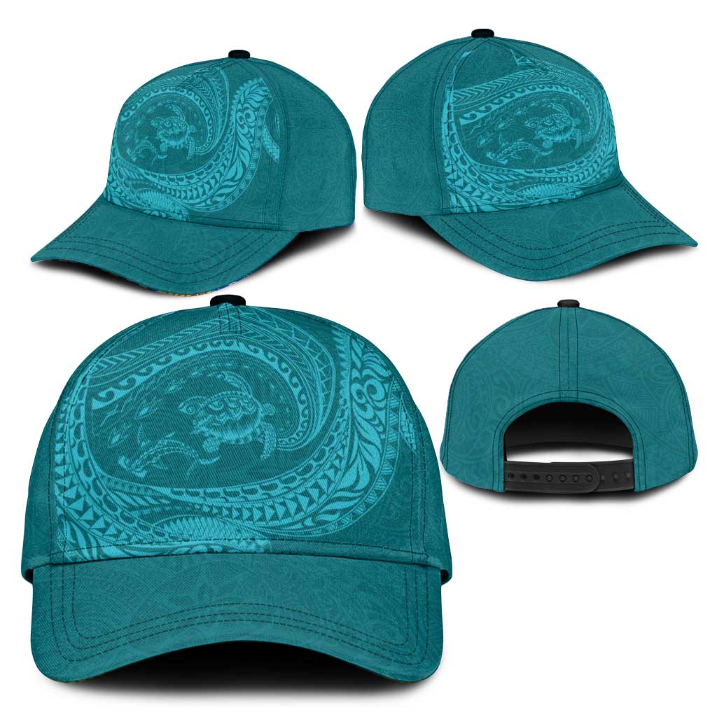Hawaiian Turtle and Shark Classic Cap Kakau Tribal with Polynesian Pattern Turquoise Color