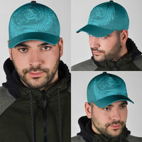 Hawaiian Turtle and Shark Classic Cap Kakau Tribal with Polynesian Pattern Turquoise Color