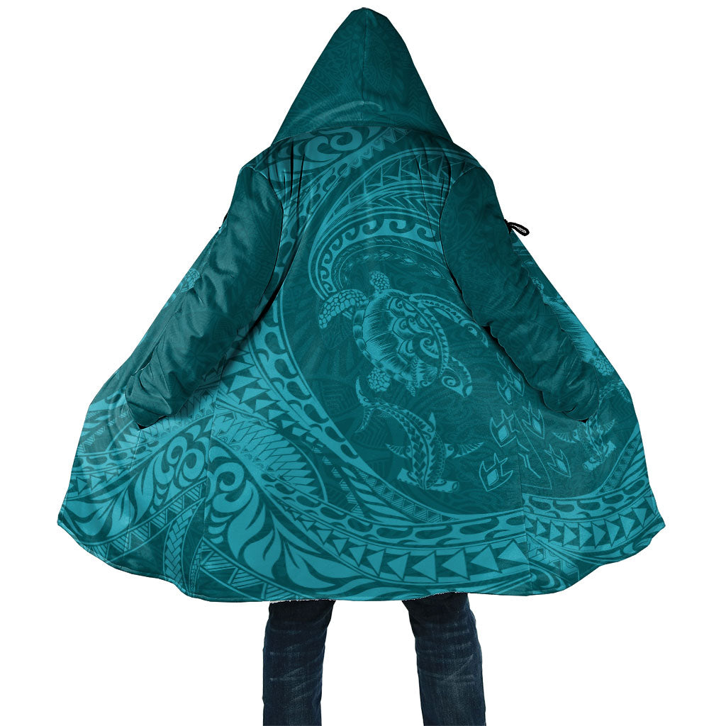 Hawaiian Turtle and Shark Cloak Kakau Tribal with Polynesian Pattern Turquoise Color