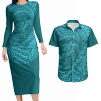 Hawaiian Turtle and Shark Couples Matching Long Sleeve Bodycon Dress and Hawaiian Shirt Kakau Tribal with Polynesian Pattern Turquoise Color