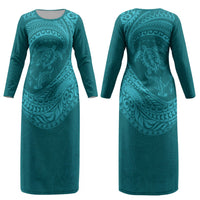 Hawaiian Turtle and Shark Couples Matching Long Sleeve Bodycon Dress and Hawaiian Shirt Kakau Tribal with Polynesian Pattern Turquoise Color