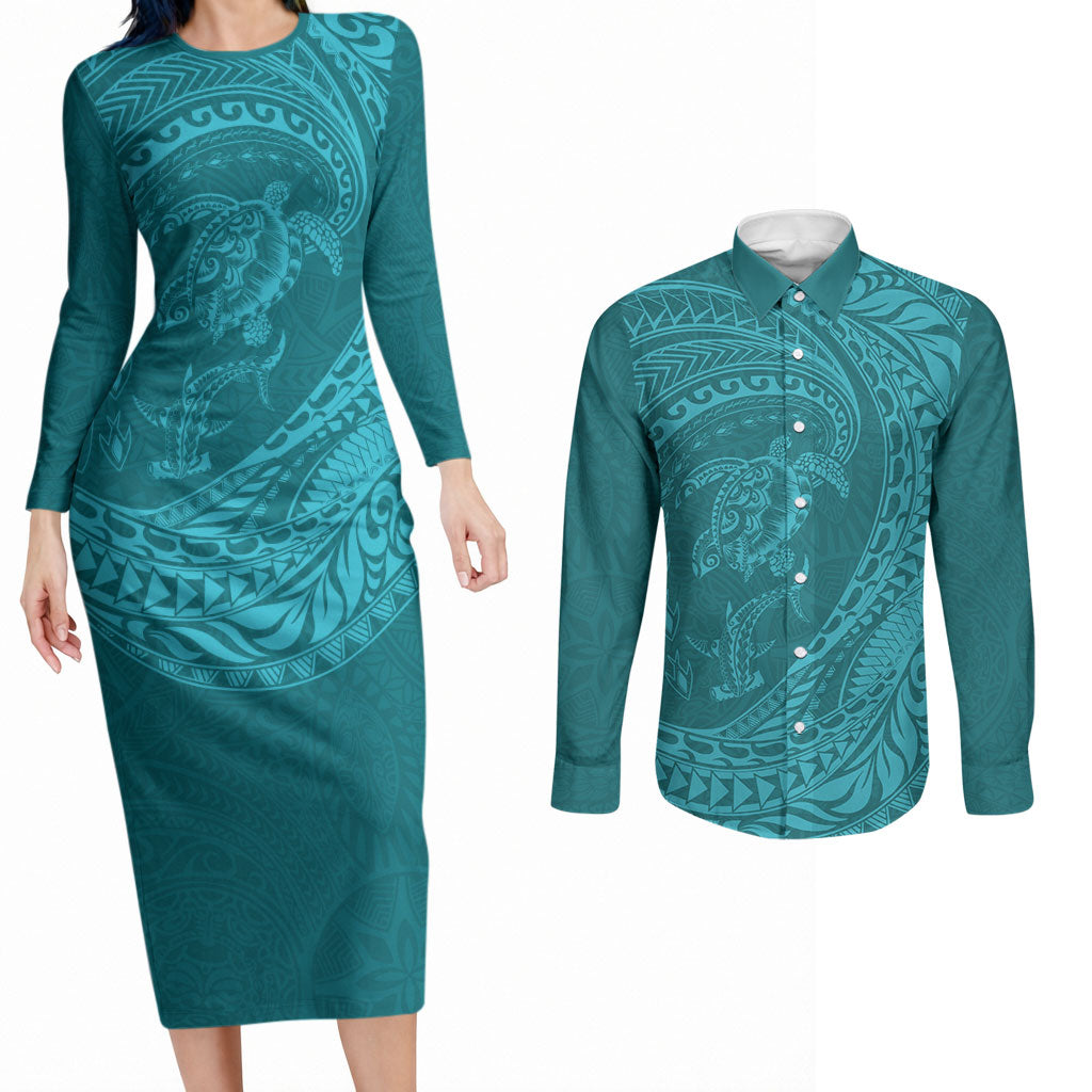 Hawaiian Turtle and Shark Couples Matching Long Sleeve Bodycon Dress and Long Sleeve Button Shirt Kakau Tribal with Polynesian Pattern Turquoise Color