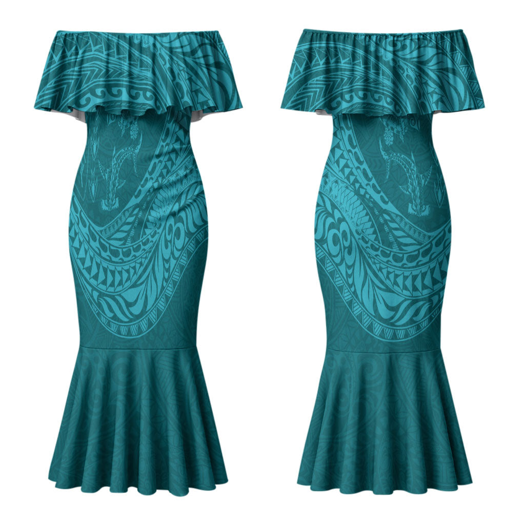 Hawaiian Turtle and Shark Couples Matching Mermaid Dress and Hawaiian Shirt Kakau Tribal with Polynesian Pattern Turquoise Color