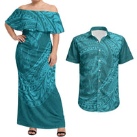 Hawaiian Turtle and Shark Couples Matching Off Shoulder Maxi Dress and Hawaiian Shirt Kakau Tribal with Polynesian Pattern Turquoise Color