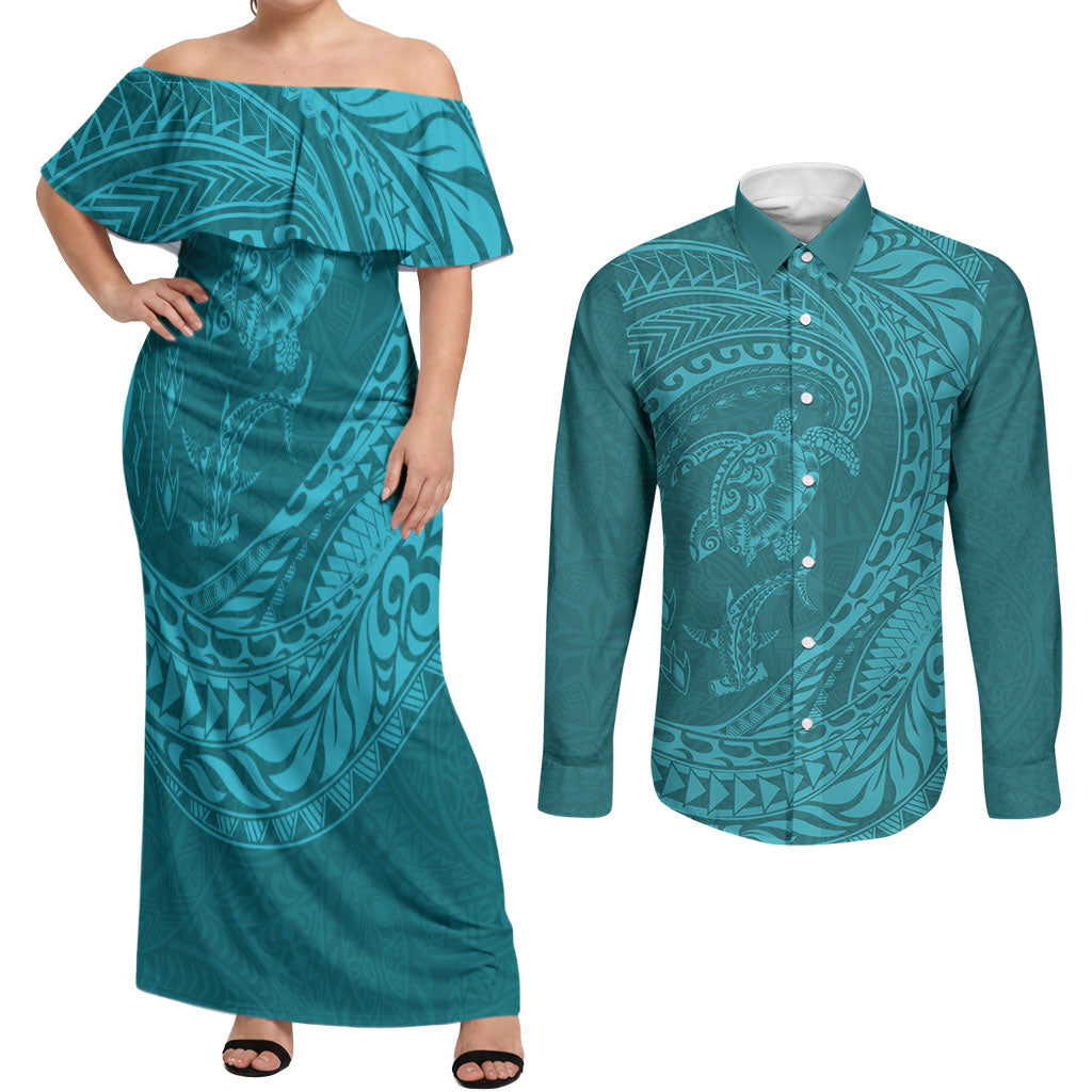 Hawaiian Turtle and Shark Couples Matching Off Shoulder Maxi Dress and Long Sleeve Button Shirt Kakau Tribal with Polynesian Pattern Turquoise Color
