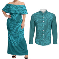 Hawaiian Turtle and Shark Couples Matching Off Shoulder Maxi Dress and Long Sleeve Button Shirt Kakau Tribal with Polynesian Pattern Turquoise Color